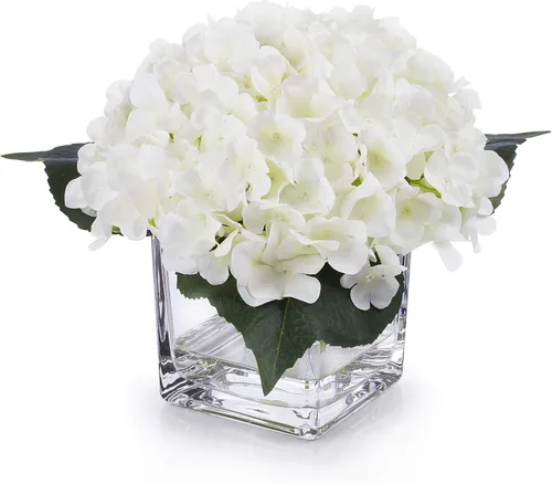 Vista 6 de Arreglos de flores artificiales de seda de hortensias en jarrón de vidrio para decoración de boda del hogar (rubor)