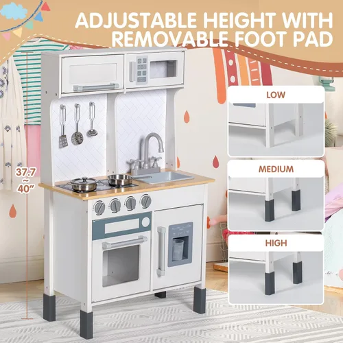 Vista 6 de BRINJOY Juego de cocina para niños, cocina de madera para niños con grifo, fregadero, estufa, horno, utensilios de cocina, gabinetes de Blanco