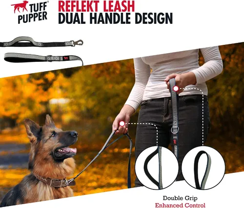 Vista 2 de Tuff Pupper Correa reflectante extrema para perros, resistente de doble asa para sostener perros fuertes, refleja para paseos nocturnos seguros