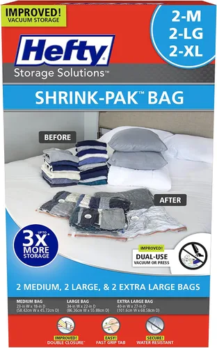 Vista 4 de Hefty Shrink-Pak - 2 bolsas de almacenamiento con sellado al vacío medianas, 2 grandes, 2 XL, bolsas ahorradoras de espacio para ropa, almohadas
