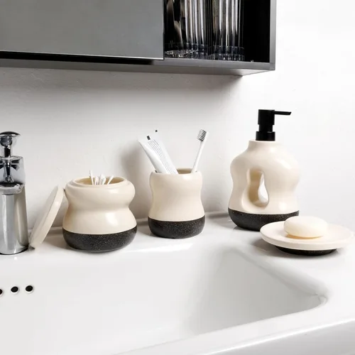 Vista 6 de BosilunLife Juego de 4 accesorios de baño de cerámica, dispensador de jabón Beige con negro.