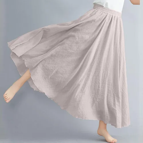 Vista 3 de ASHER FASHION Falda larga estilo bohemio con cintura elástica de algodón y lino para mujer Beige