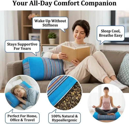 Vista 8 de Almohada ajustable de casco de trigo sarraceno para aliviar el dolor de cuello (21 x 8 x 4), almohada de enfriamiento natural para campamento