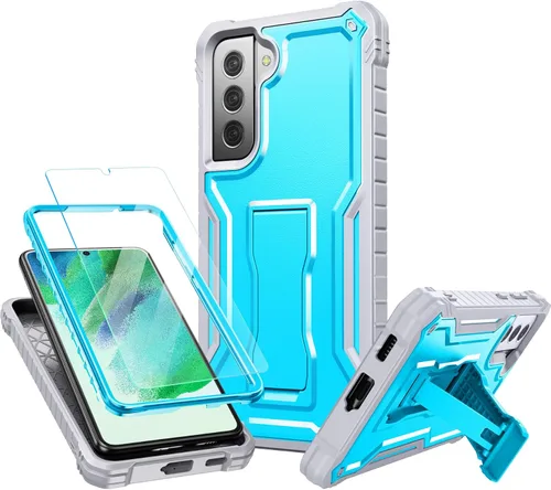 Vista 9 de FITO Funda para Samsung Galaxy S21 FE, doble capa a prueba de golpes resistente para teléfono Samsung S21 FE 5G con protector de pantalla, soporte
