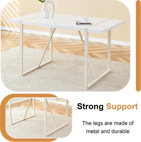 Vista 5 de Mesa de comedor rectangular industrial estilo crema para 4 6 personas con parte superior de 1.5 pulgadas de grosor y patas de metal blanco e