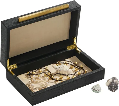 Vista 5 de Sagala Caja Decorativa Negra de Shagreen Con Mango Dorado, Caja Organizadora de Joyas Caja Guardadora, Caja de Almacenamiento de Cuero Sintético