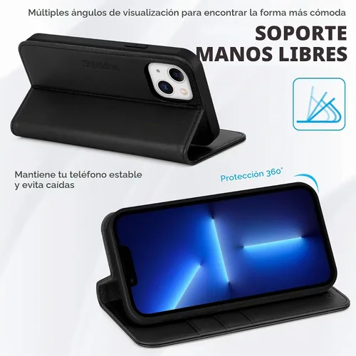 Vista 5 de SHIELDON Funda para iPhone 13, de piel auténtica, con función atril, bloqueo RFID, tarjetero de crédito, a prueba de golpes, protección completa