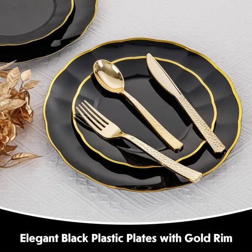 Vista 3 de supernal 60 piezas Platos de Cumpleaños Negros y Dorados Platos de Plástico para Fiestas y Platos Desechables Elegantes Platos Festoneados