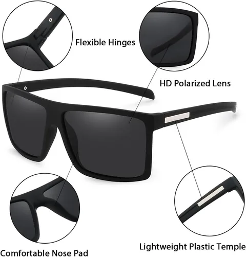 Vista 5 de Gafas de sol polarizadas cuadradas de estilo clásico de los hombres Gafas de sol ligeras de plástico protección UV para conducir