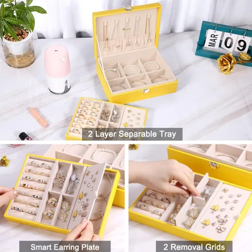 Vista 3 de Voova Joyero organizador para mujeres y niñas, 2 capas grandes para hombres, estuche de almacenamiento de joyas de piel sintética con bandeja
