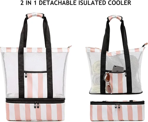 Vista 7 de Bluboon Bolsa de playa de malla con enfriador aislante, bolsas de piscina desmontables para mujer