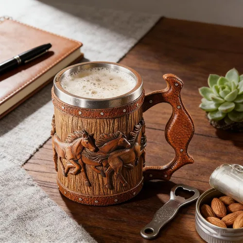 Vista 2 de Taza de cerveza de barril de madera, taza de acero inoxidable de 20 onzas, taza de café, caballos, regalos para mujeres y hombres, regalo