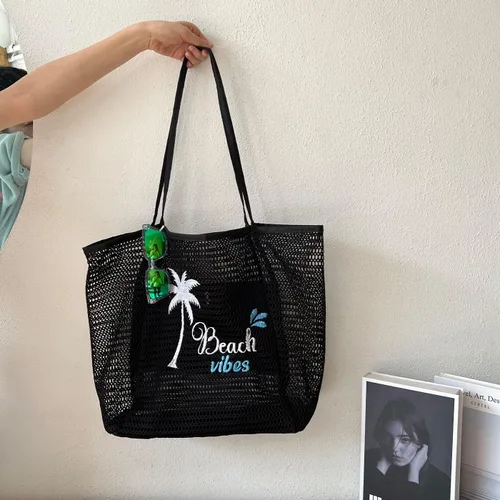 Vista 4 de ukia Bolsa de playa de malla, bolsas de playa de gran capacidad para mujer, bolsa de playa plegable con bolsillo con cremallera