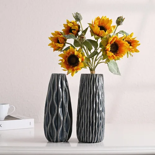 Vista 5 de VICTOR & TERESA Jarrón de cerámica para flores, juego de 2 jarrones azules decorativos de 10 pulgadas para decoración del hogar, jarrones de granja