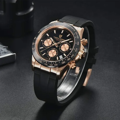 Vista 2 de Pagani Design Relojes mecánicos automáticos de lujo para hombre, esfera de esqueleto, acero inoxidable, bisel de arco iris, correa de goma, 328.1