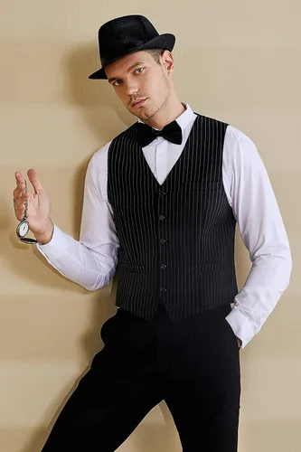 Vista 2 de BABEYOND - Chaleco de gángster de estilo 1920 y con accesorios para disfrazarse de Gatsby con sombrero estilo Fedora