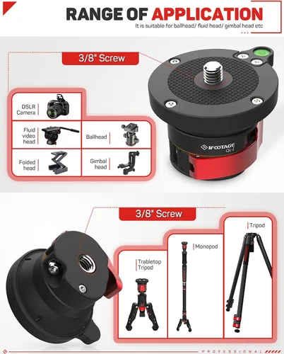 Vista 6 de IFOOTAGE Base de nivelación de trípode de aleación de aluminio nivelador placa de ajuste compatible con cámaras Canon, Nikon y DSLR con rosca de 3/8