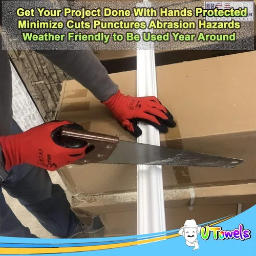 Vista 7 de Guantes de seguridad recubiertos para el trabajo, paquete de 8 pares, agarre firme, uso general y jardinería, para hombres y mujeres (talla S, rojo)