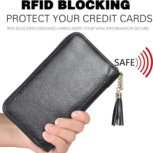 Vista 4 de Easyoulife - Monedero de cuero con cremallera, billetera portatarjetas para mujer, bloqueo RFID