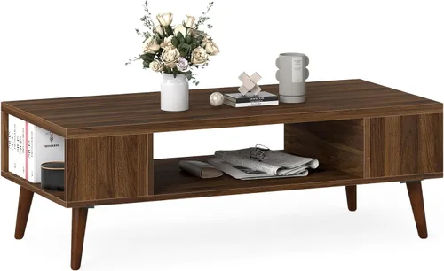 Vista 9 de Giantex Mesa auxiliar moderna de mediados de siglo, mesa central rectangular de 42 pulgadas con 2 estantes de almacenamiento y compartimento