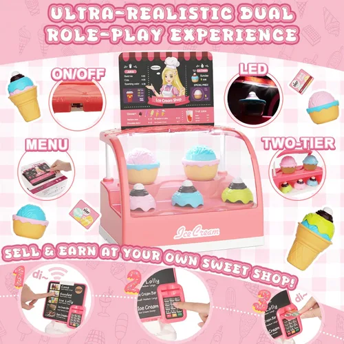 Vista 3 de Juego de juguetes de helado, tienda de juegos de simulación, contador de helados con luz, juego para hacer helados, juguete de cajero con sonido