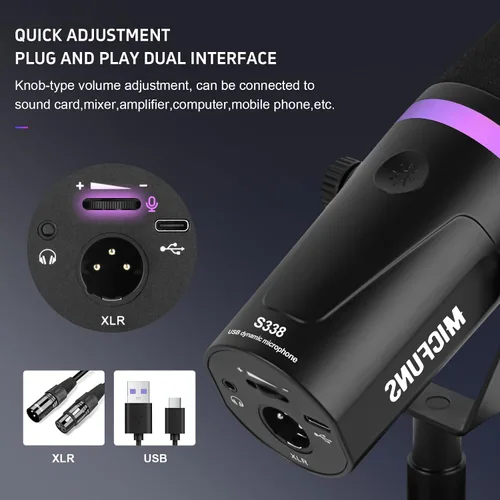 Vista 4 de Micufuns Vocal Dynamic Microphone, XLR/USB Podcast Recording PC Microphone,Studio Metal Mic with Mute, Headphone Jack, Monitoring Volume