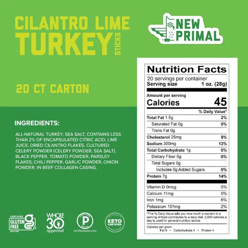 Vista 2 de The New Primal Cilantro Lime Turkey - Barra de pavo, de pavo de pastoreo, con aprobación del programa Whole30, apto para dietas paleo, cetogénica