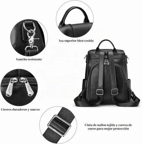 Vista 5 de S-ZONE - Mochila de piel suave para mujer, antirrobo, mediana, bolsa de hombro 2-negro