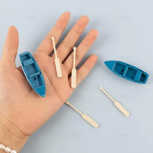 Vista 3 de AUEAR, Juego de 2 mini botes de remos de madera azul de resina para decoración del hogar de jardín de hadas