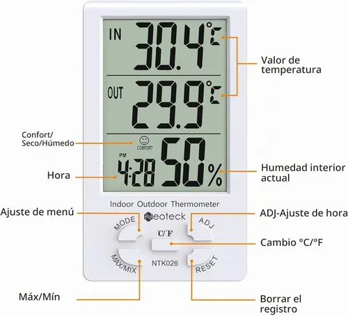 Vista 6 de Neoteck 2 en 1 termómetro higrómetro con reloj pantalla LCD 4.9 ft sensor cable ± 1°/5% High Accuracy Digital Humidity Temperature Meter with