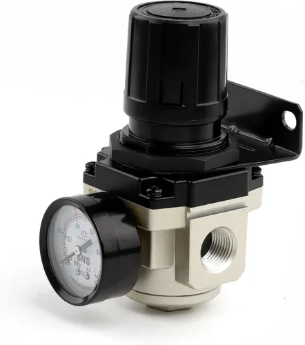 Vista 7 de Regulador de presión de aire SNS rosca hembra 1/8 NPT 0-150 PSI ajustable, con soporte y manómetro AR2000-N01
