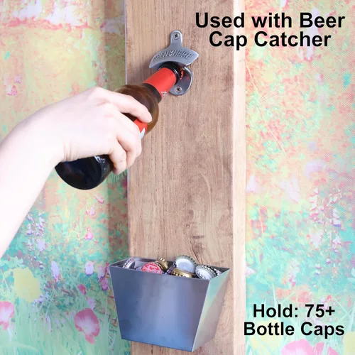 Vista 3 de Abrebotellas montado en la pared inoxidable, abridor de tapa de cerveza de montaje de madera de plata envejecida para banco de mesa de poste