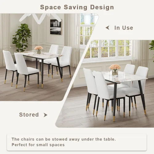 Vista 7 de Juego de 5 mesas de comedor modernas de piedra sinterizada de 50 pulgadas, mesa de cocina rectangular de mármol sintético con 4 sillas de piel
