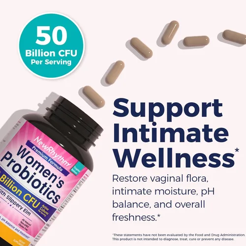 Vista 2 de NewRhythm Probióticos para mujer, corteza de olmo resbaladizo, 50 mil millones de UFC por porción, 5 cepas, totalmente naturales, sin OMG, apoyo