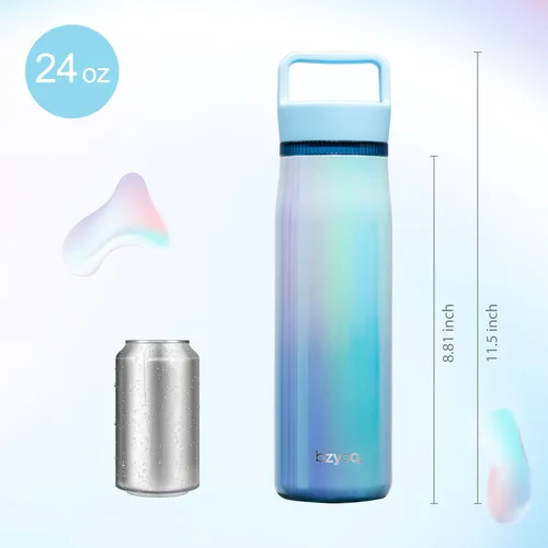 Vista 8 de bzyoo Botella de agua aislada de 24 onzas con tapa transparente para beber – Botella de acero inoxidable 100% a prueba de fugas, azul iridiscente