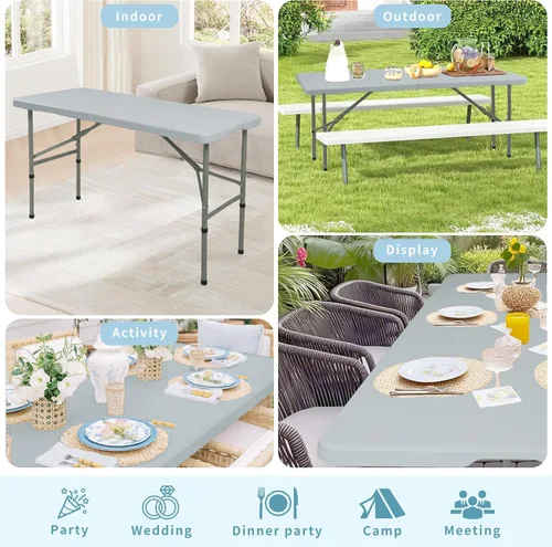 Vista 7 de Juego de 2 mesas plegables de 4 pies, mesa de camping portátil de plástico resistente, rectangular, mesa de comedor al aire libre, patas de acero