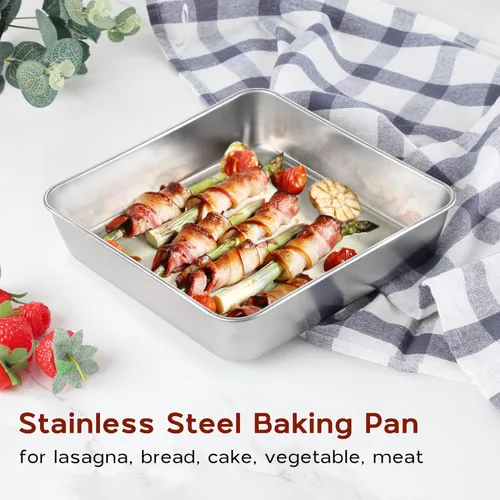 Vista 5 de Onader Bandeja cuadrada para hornear pasteles de 8 x 8 pulgadas con tapa, bandeja de lasaña de brownie de acero inoxidable