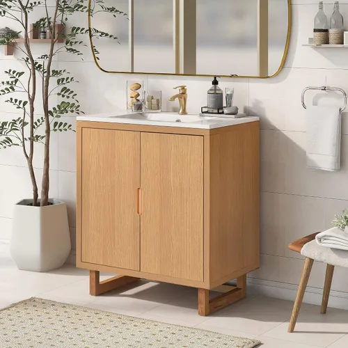 Vista 40 de Tocador de baño multifuncional de 30 pulgadas con lavabo individual, armario combinado de montaje inferior, marco de gabinete de baño de madera