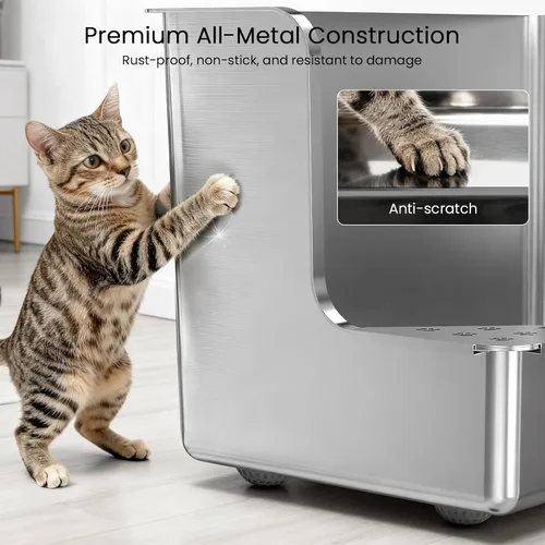 Vista 8 de Caja de arena de acero inoxidable de 11.8 pulgadas de alto, caja de arena de metal XL para gatos, inodoro para mascotas con apertura de esquina