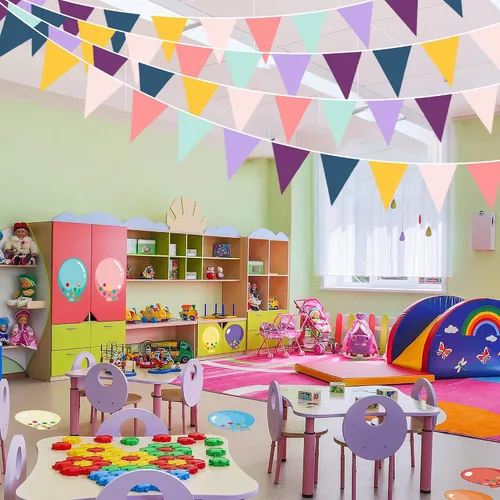 Vista 5 de Decoraciones de fiesta de 32 pies con texto en inglés "Oh Happy Day" ("Oh Happy Day") de tela de color arcoíris triangular, banderines para Colorido