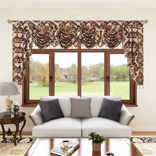 Vista 22 de NAPEARL Cenefa de cascada beige para sala de estar, cortinas de cocina jacquard cenefas y festones, cortinas con festones para ventanas