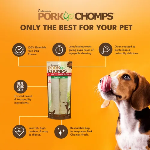 Vista 3 de Pork Chomps Masticables para perros de piel de cerdo al horno, rollos de 8 pulgadas, 2