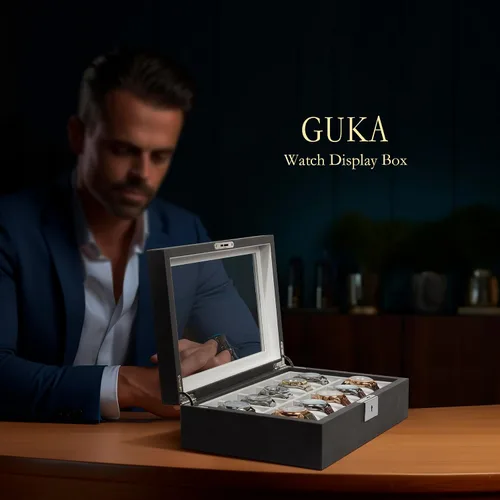 Vista 8 de GUKA Caja de 10 ranuras para reloj, vitrina organizadora de cristal real, con estuche de lujo para hombres y mujeres, regalo