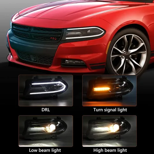 Vista 2 de FIONE - Para Dodge Charger Ensamble de Faros 2015 2016 2017 2018 2019 2020 2021 Halógeno Modelo Con Faros LED DRL y Luces de Señal Giratoria