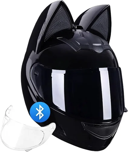 Vista 10 de Casco Bluetooth de motocicleta con orejas de gato, certificado DOT, casco de motocicleta de cara completa, lindos cascos de gato con visera HD