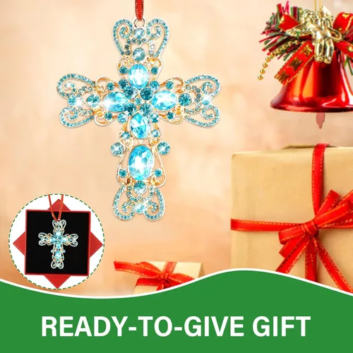 Vista 5 de JUESMOS Adorno navideño de cruz azul 2024 – Cruz de metal, adornos religiosos cristianos de Navidad, recuerdo para la natividad, regalos