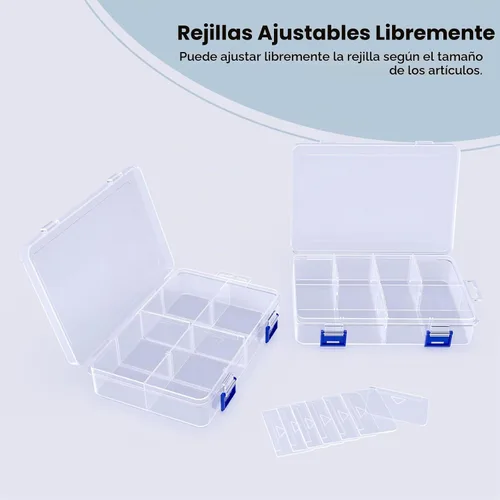 Vista 4 de 2 cajas de almacenamiento de plástico transparente de 8 rejillas con divisores ajustables, apilables, 8 compartimentos, caja organizadora pequeña
