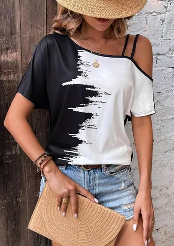 Vista 3 de Camisetas sexy con hombros descubiertos para mujer, casual, con un hombro, con botones, con volantes, blusa para vacaciones de verano, camisetas