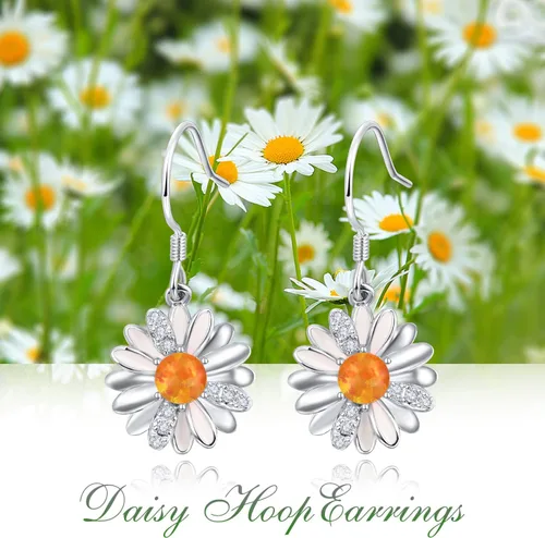 Vista 2 de Aretes de margaritas para mujer, plata de ley 925, aretes de gota de flor amarilla, joyería para mujer (naranja), Ópalo, No es una piedra preciosa