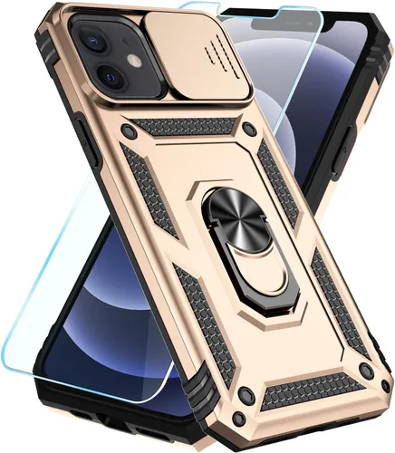 Vista 9 de SunStory Funda compatible con iPhone 12 Pro Max con protector de pantalla HD, cubierta de cámara deslizante y soporte de anillo giratorio